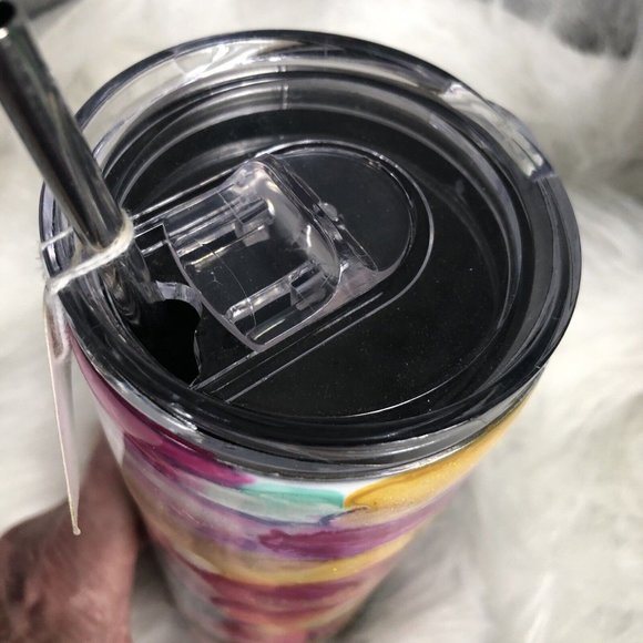 20 Ounce Tumbler Hand-Painted Pinks Pearl Teal Yellow Lid And Straw - Picture 9 of 16